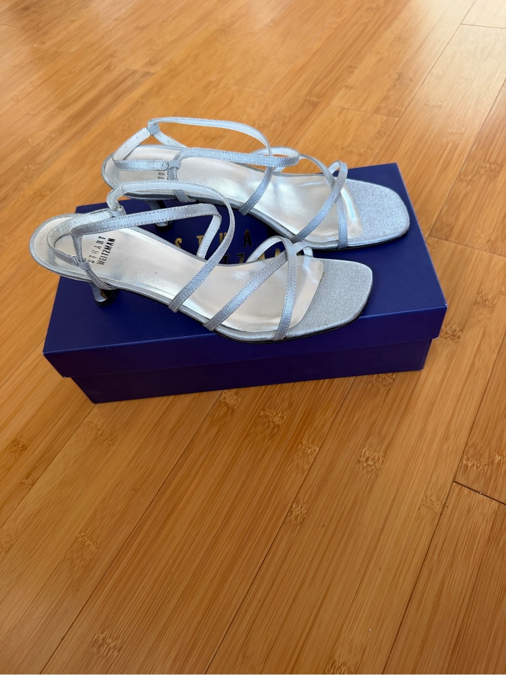 Stuart Weitzman Metallic Silver Strappy Kitten Heels
